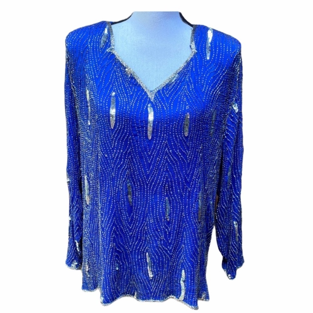 Vintage Blue Beaded Silk Top